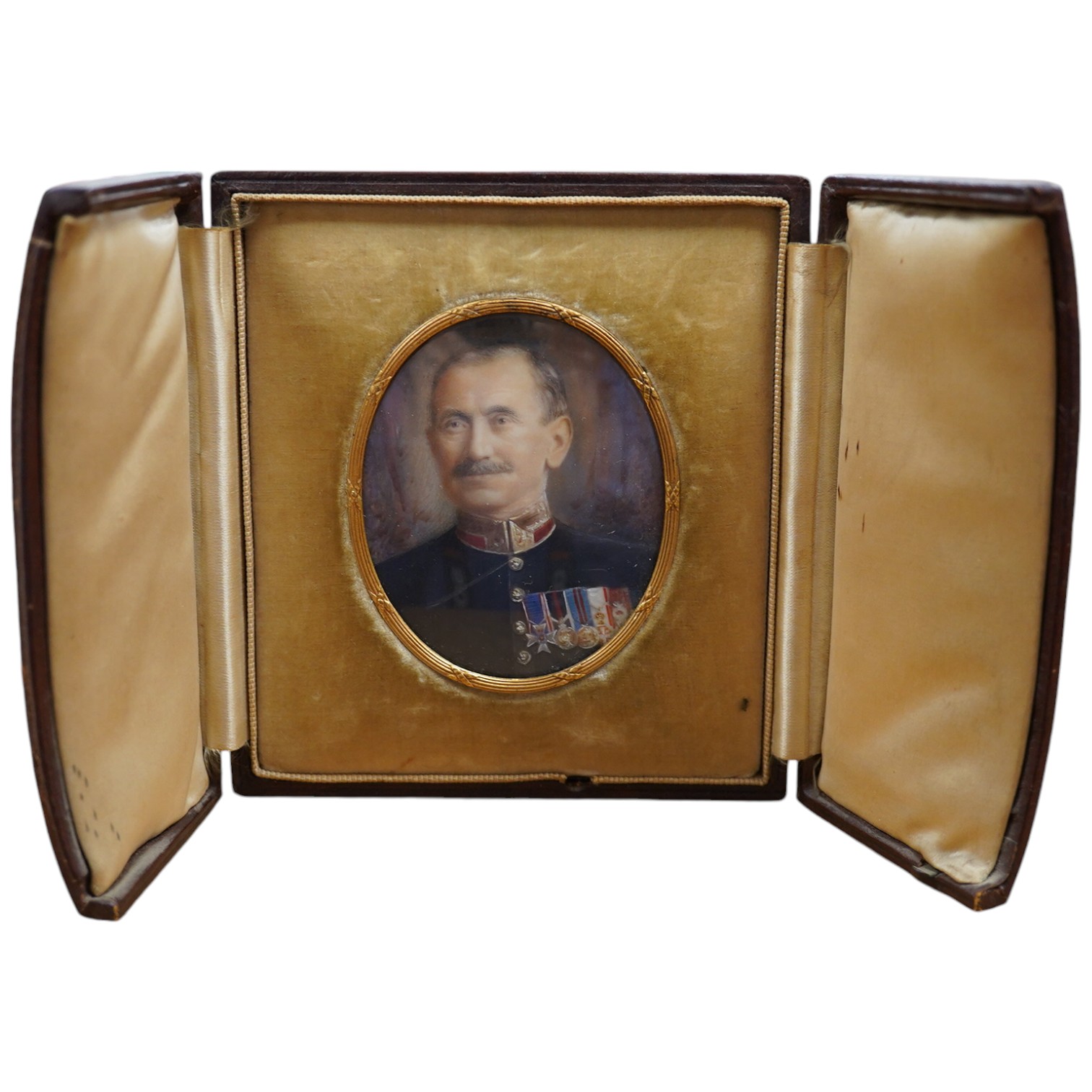 Early 20th century, oil on ivory, Portrait miniature of a military gentleman wearing medals, housed in an original fitted case, 7 x 6cm. CITES Submission reference BRYDXHD5. Condition - fair to good